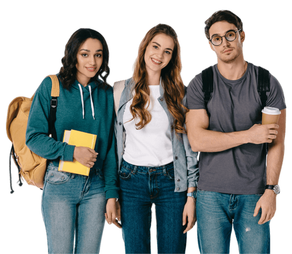Three university students standing together with backpacks, books and a coffee cup.